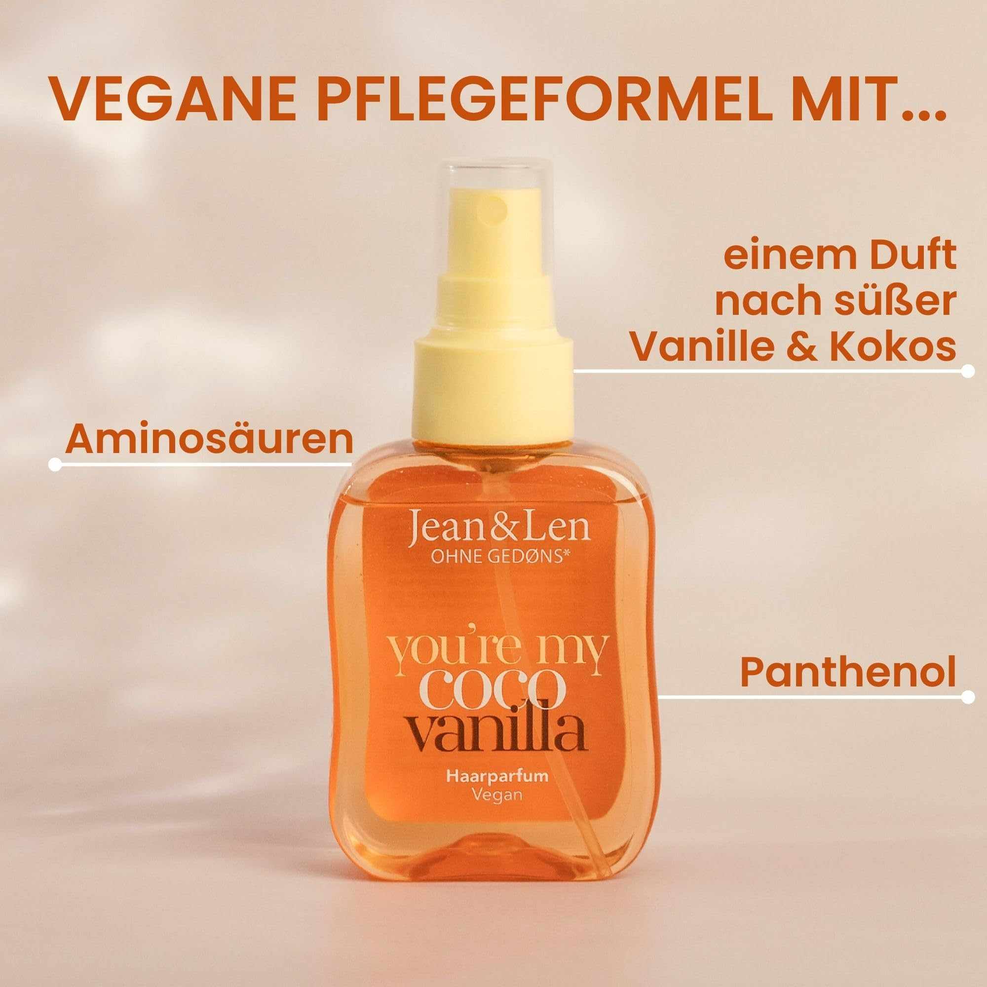 Jean & Len Haarparfum you’re my coco vanilla, duftet nach Kokos & süßer Vanille, pflegende Formel, für alle Haartypen geeignet, beschwert das Haar nicht, vegan Hair Perfume, ohne Silikone, 105 ml