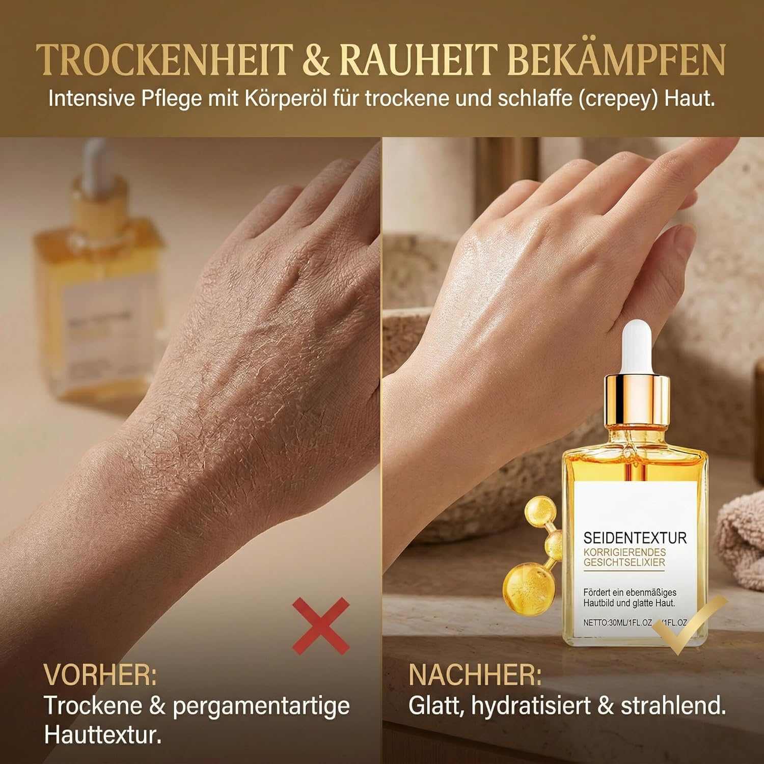 Luxury Silk Körperöl (2 x 30ml) – Feuchtigkeitsspendendes Body Oil mit Parfüm-Duft – Tiefenwirksame Pflege für seidig glatte Haut – Schnell einziehendes Massageöl für trockene Haut & Gesicht